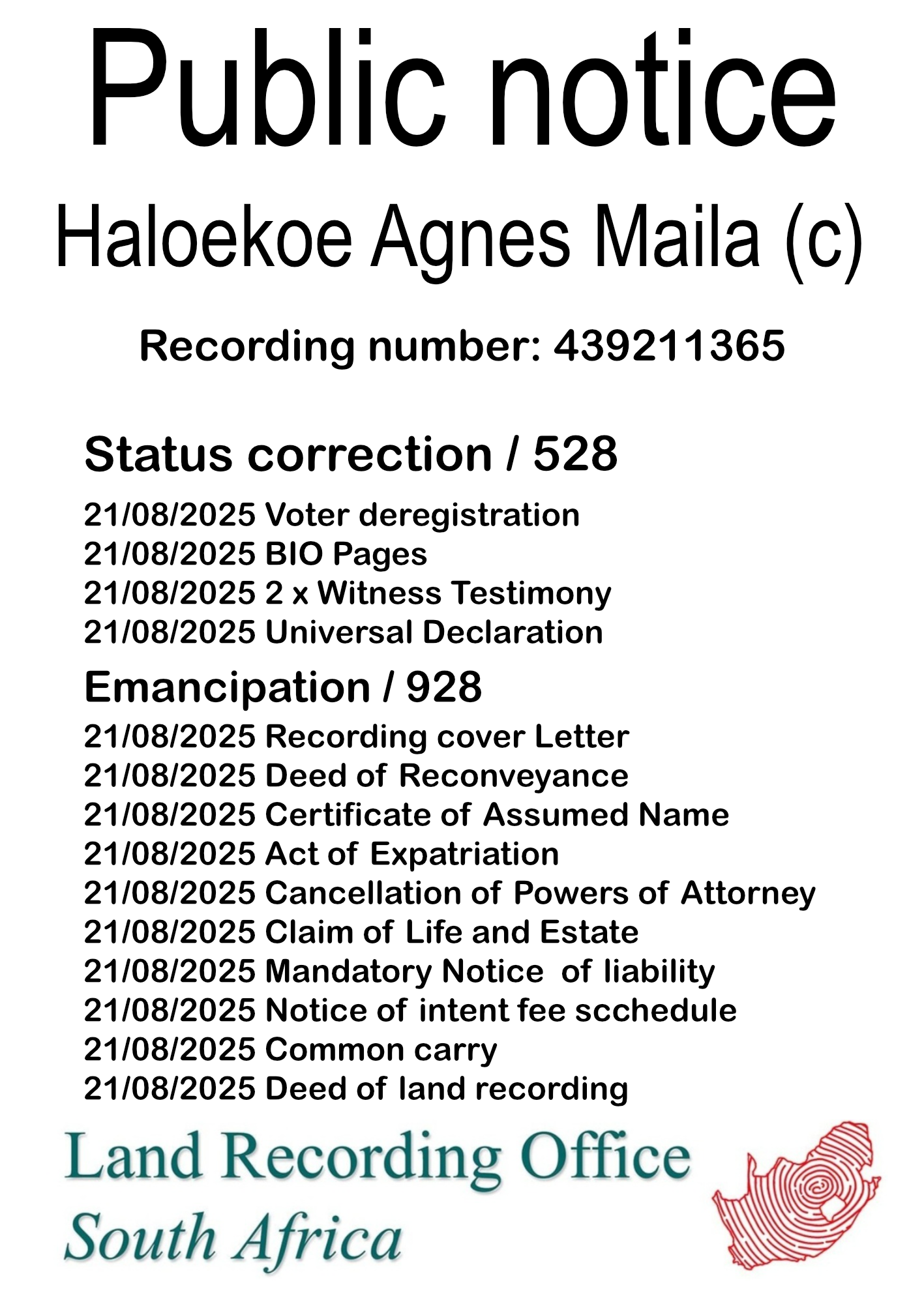 Public Notice Haloekoe Agnes Maila Recording Number 439211365